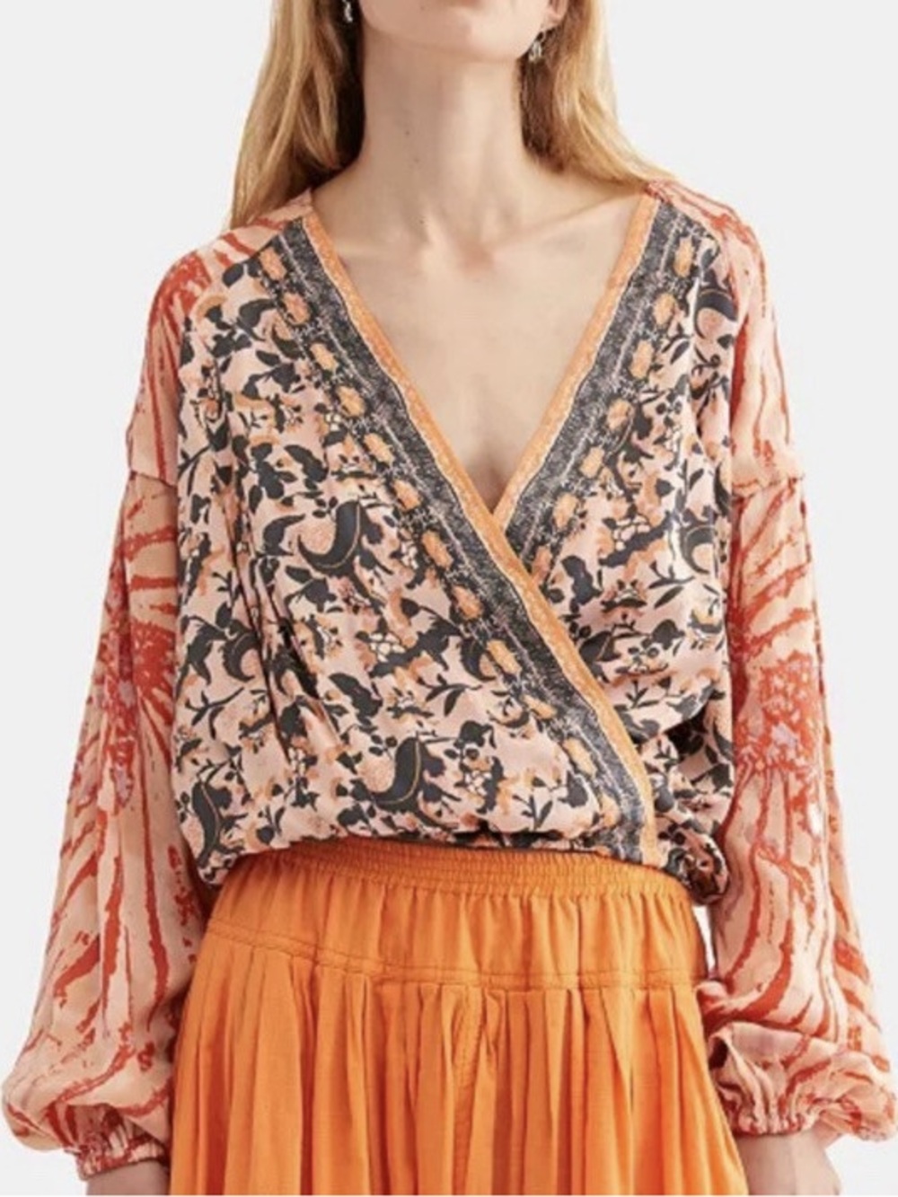 FREE PEOPLE Boho Floral Wrap Blouse Cruising Together Romantic Top Size S